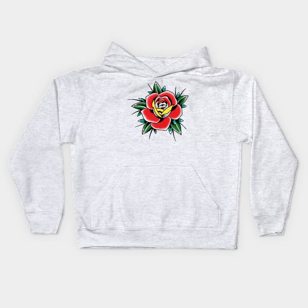 Traditional Rose with colours Tattoo style design Kids Hoodie by susyrdesign